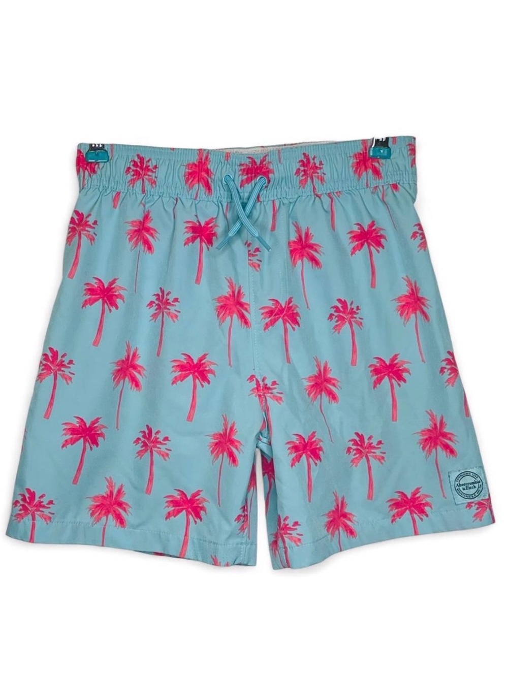 abercrombie kids Teal Swim Trunks with Pink Palm Print